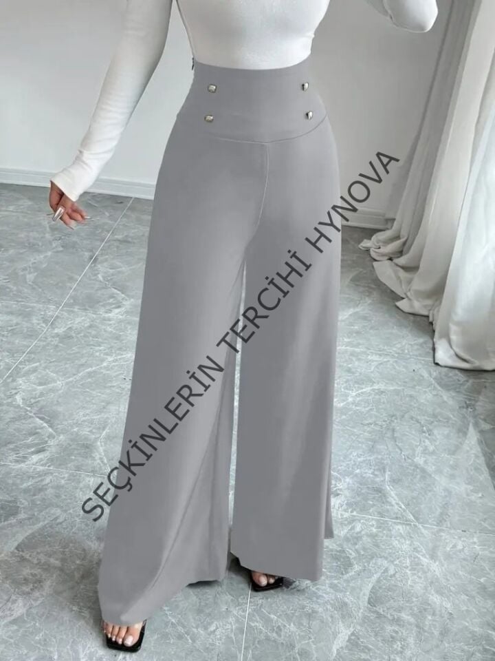 Kadın Yüksek Bel Düğmeli Geniş Paçalı Ithal Krep Pantolon