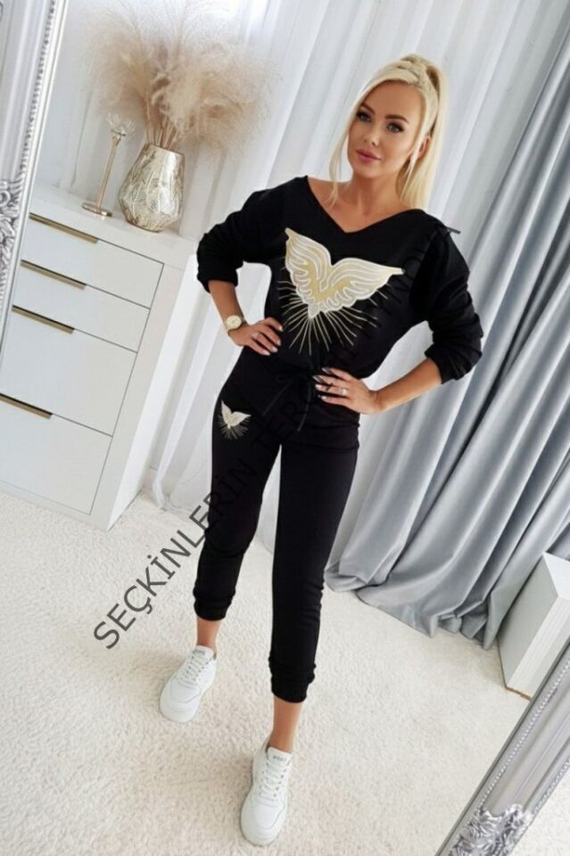 Kadın Uzun Kollu V Yakalı Desenli Viskon Iki Iplik Bluz Ve Pantolon Ikili Takım