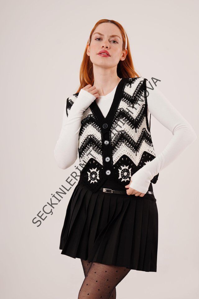 Zikzak Geçişli Triko Örme Siyah Yelek