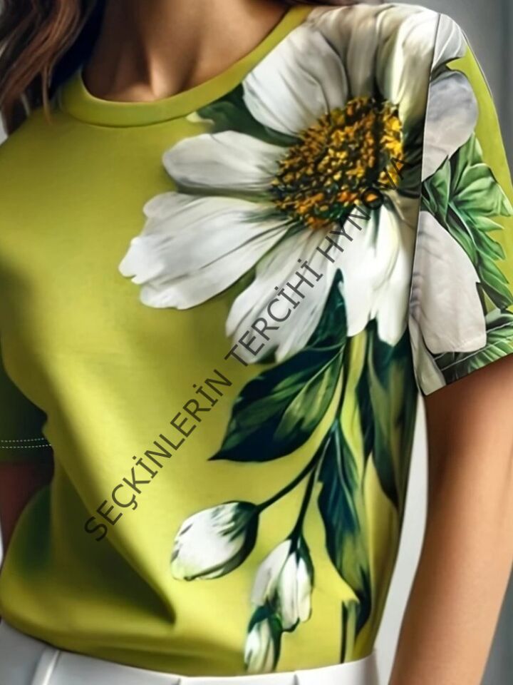 Kadın Kısa Kollu Bisiklet Yaka çiçek Baskılı Süprem Bluz