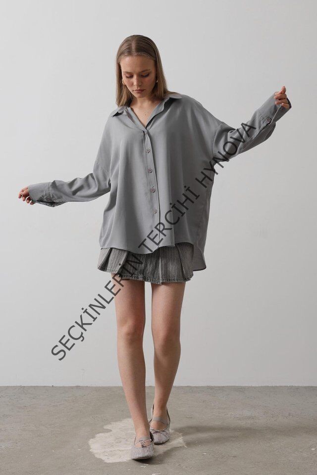 Geniş Manşet Detaylı Gömlek - Gri