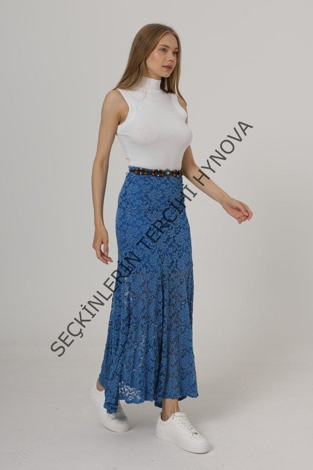 Bel Lastikli Dantel Etek - Mavi