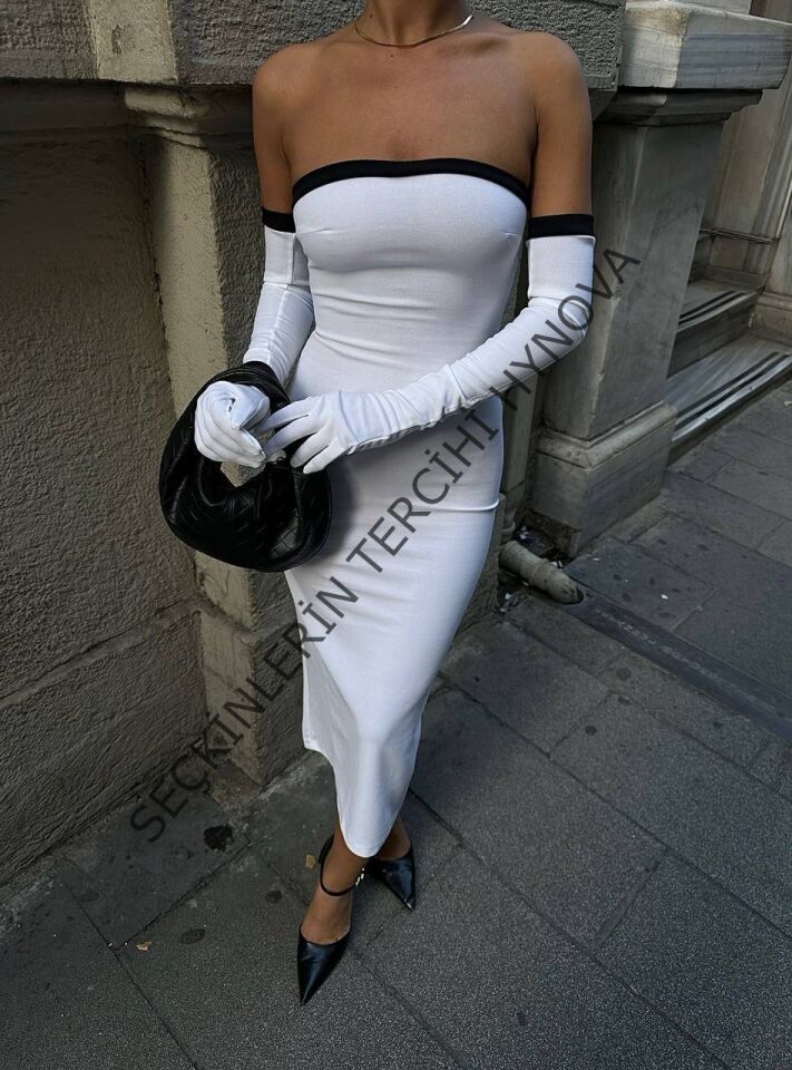 Kadın Dalgıç Kumaş Askısız Yırtmaç Detaylı Elbise