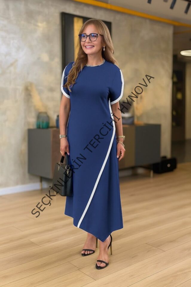 Kadın Kısa Kollu Bisiklet Yaka çift şerit Renk Detaylı Asimetrik Kesim Viskon Iki Iplik Elbise