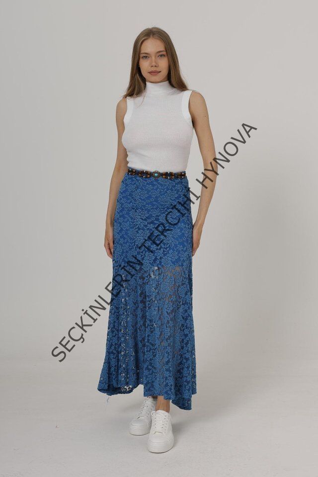Bel Lastikli Dantel Etek - Mavi