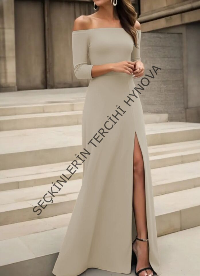 Kadın Uzun Kollu Madonna Yakalı Yırtmaç Detaylı Uzun Ithal Krep Elbise