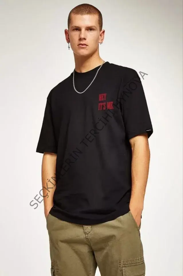 Unisex Bisiklet Yaka Oversize Baskılı T-Shirt - Siyah