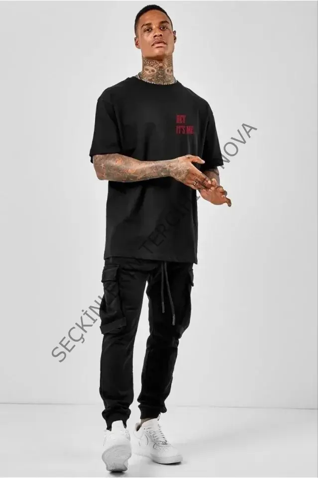 Unisex Bisiklet Yaka Oversize Baskılı T-Shirt - Siyah