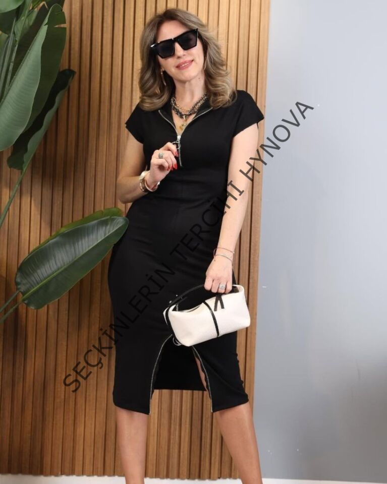 Kadın Kısa Kollu Yakadan Ve Eteği Fermuarlı Viskon Iki Iplik Midi Elbise