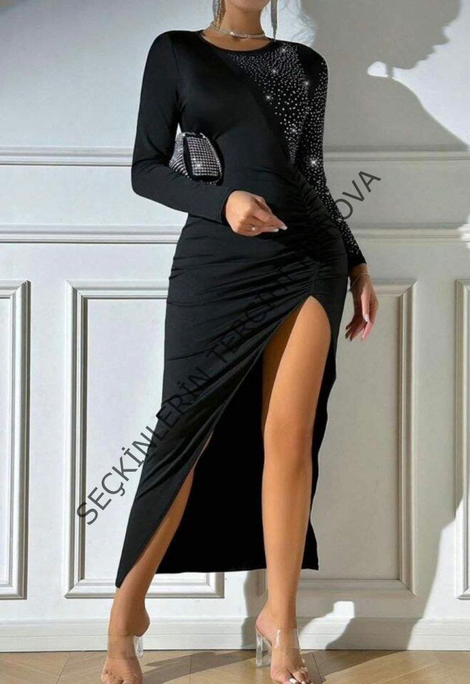 Kadın Krep Dalgıç Kumaş Taş Aksesuarlı Yırtmaç Detaylı Uzun Kollu Elbise