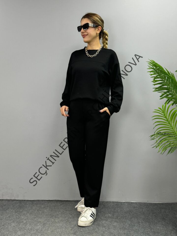 Kadın Uzun Kollu Bisiklet Yaka Viskon Iki Iplik Bluz Ve Pantolon Ikili Takım