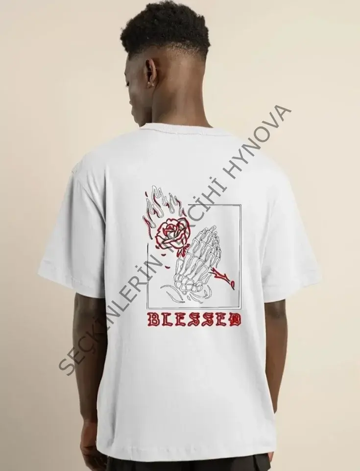 Unisex Bisiklet Yaka Oversize Baskılı T-Shirt - Beyaz