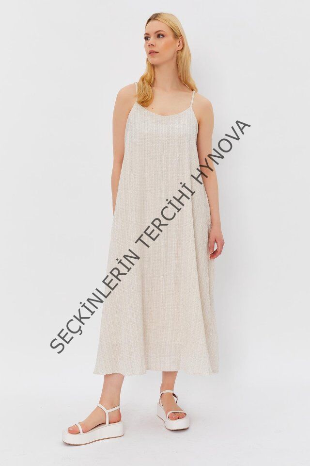 Askılı Uzun Çan Elbise - Natür