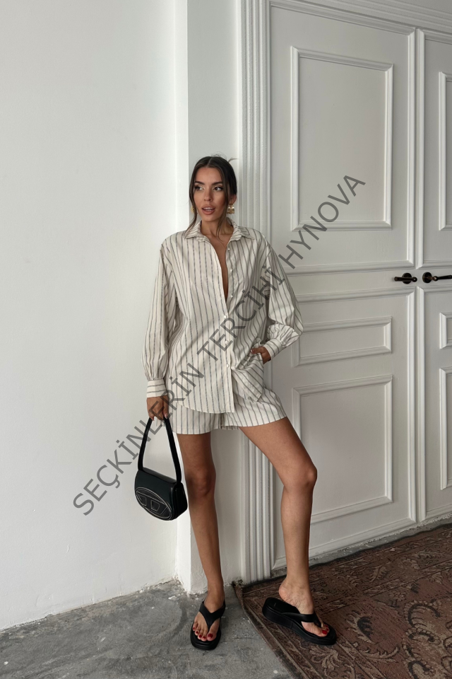 POPLİN ÇİZGİLİ GÖMLEK - ŞORT TAKIM - Bej