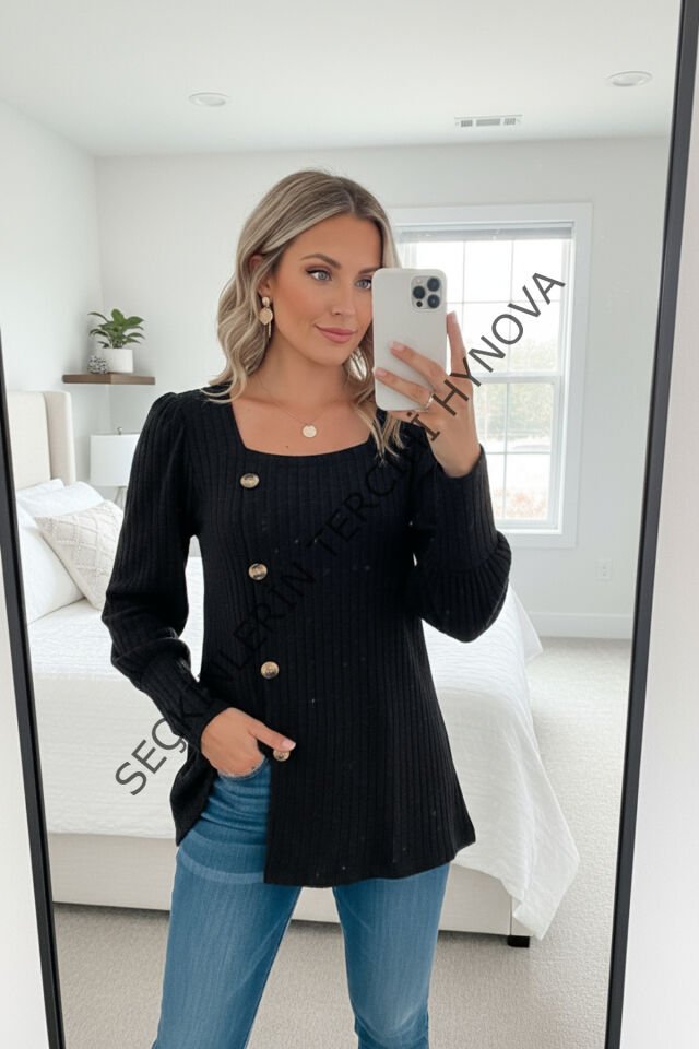 Kadın Uzun Kollu Düğmeli Mevsimlik Bluz – Yumuşak Dokulu, Esnek ve Sıcak Tutan Kumaş