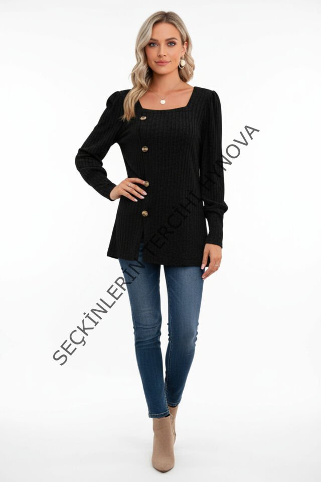 Kadın Uzun Kollu Düğmeli Mevsimlik Bluz – Yumuşak Dokulu, Esnek ve Sıcak Tutan Kumaş