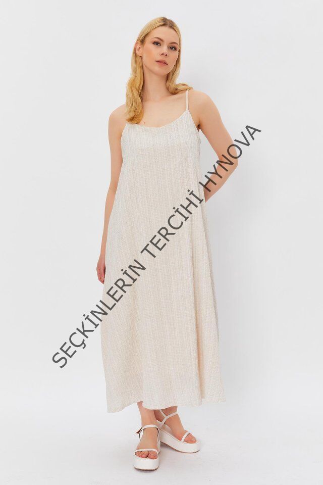 Askılı Uzun Çan Elbise - Natür