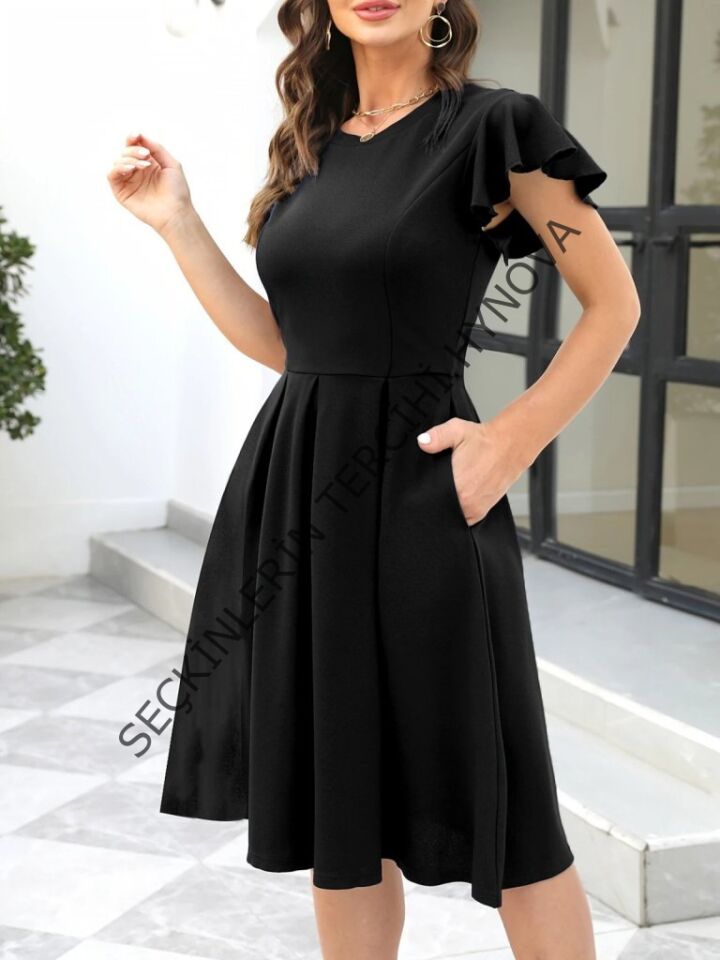 Kadın Kelebek Kollu Bisiklet Yakalı Pileli Ithal Krep Elbise