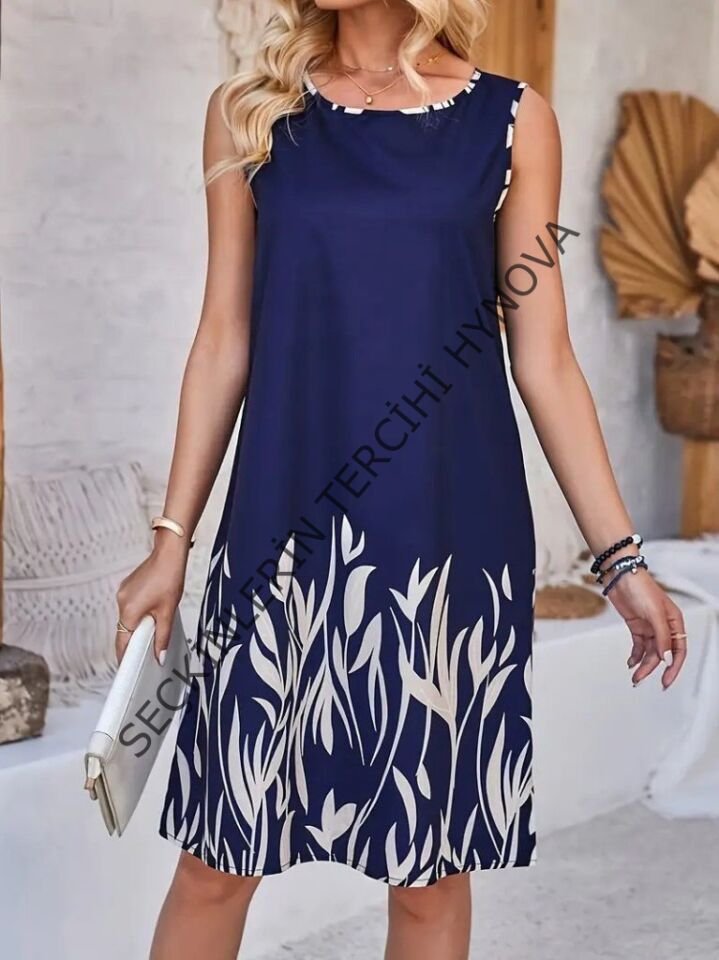 Kadın Askılı Yuvarlak Yakalı Yaprak Desenli Dalgıç Elbise