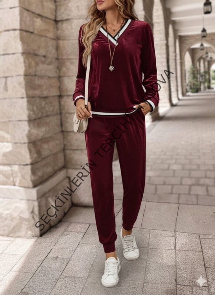 Kadın Uzun Kollu V Yaka Kadife Bluz Ve Pantolon Ikili Takım