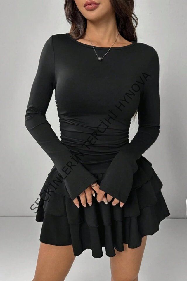 Eteği Kat Kat Volanlı Mini Elbise