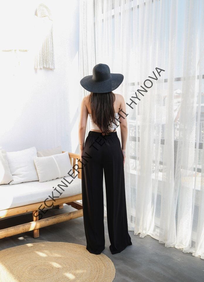 Keten Önü Çapraz Parçali Lasti̇kli̇ Ve Bağcikli Geni̇ş Paça Pantolon