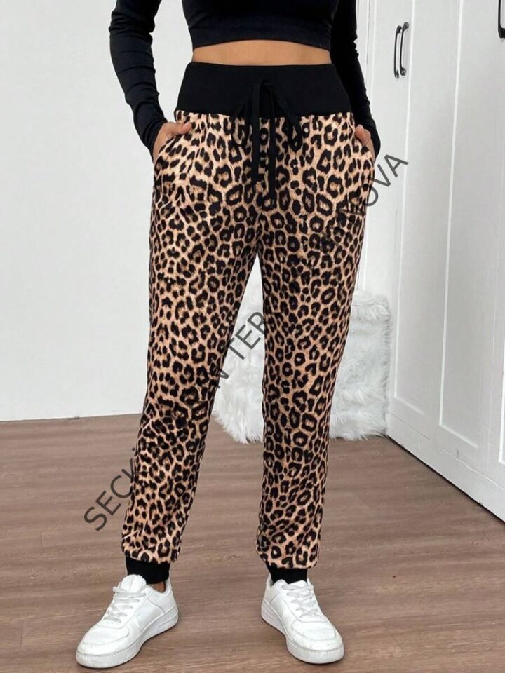 Kadın Yüksek Bel Bağcıklı Desenli Iki Iplik Pantolon