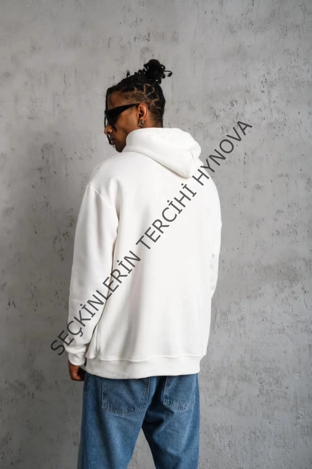 Erkek Oversize Kapüşonlu Sweatshirt – Beyaz Renk Üç İplik İçi Pamuklu Kanguru Cepli Baskılı Hoodie Rahat Kalıp Kışlık Günlük Kombinlere Uygun - Beyaz