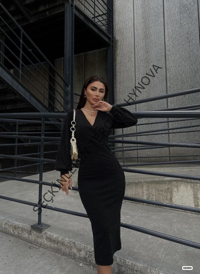 Kadın Kruvaze Yaka Balon Kol Simli Krep Kumaş Midi Boy Elbise