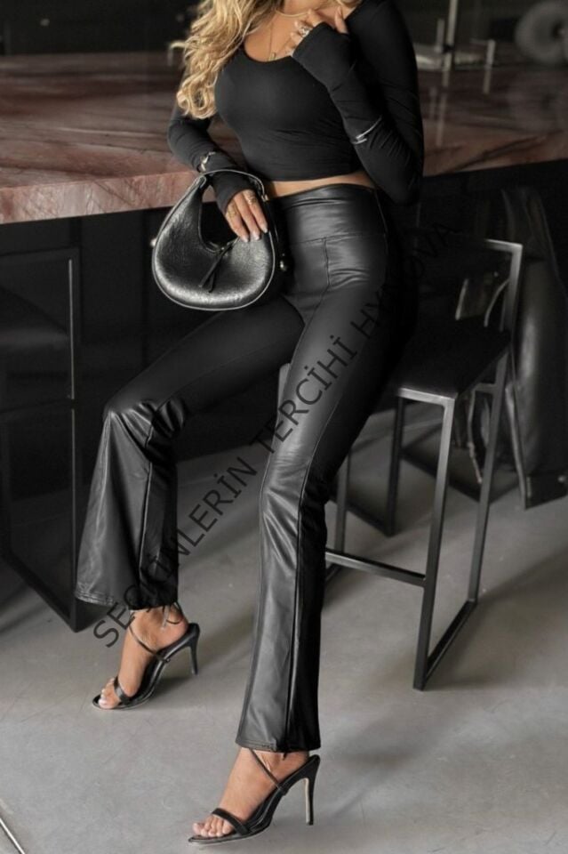Kadın Yüksek Bel Paçaya Doğru Geniş Deri Pantolon