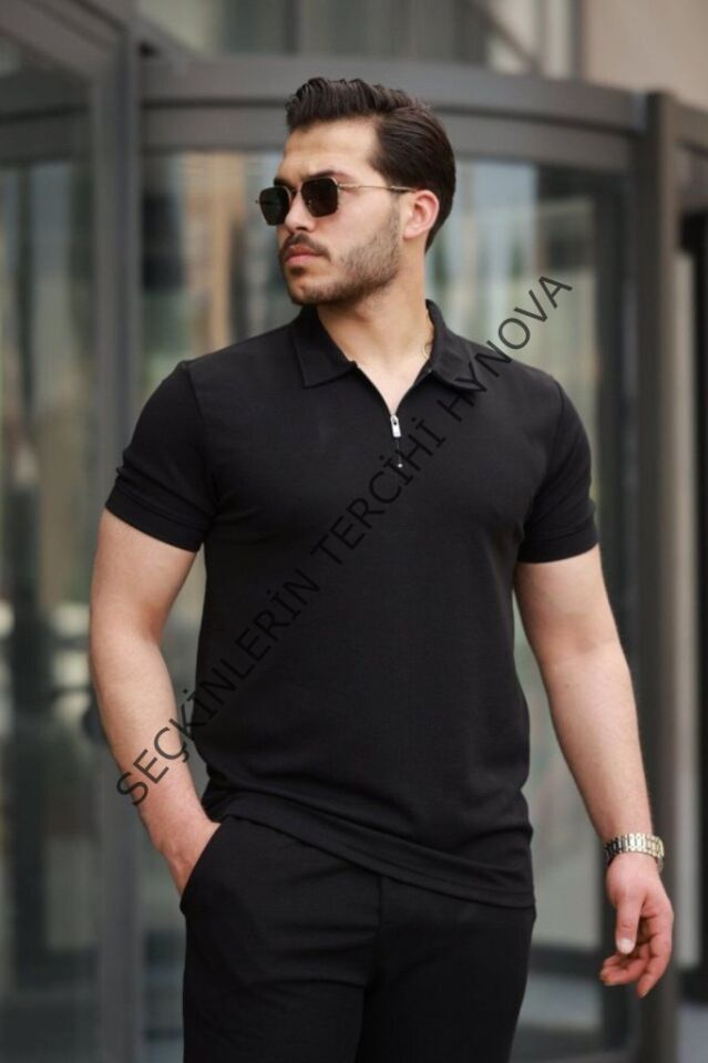 Erkek Kısa Kollu önden Fermuarlı Janjan Krep Tişört Ve Pantolon Ikili Takım