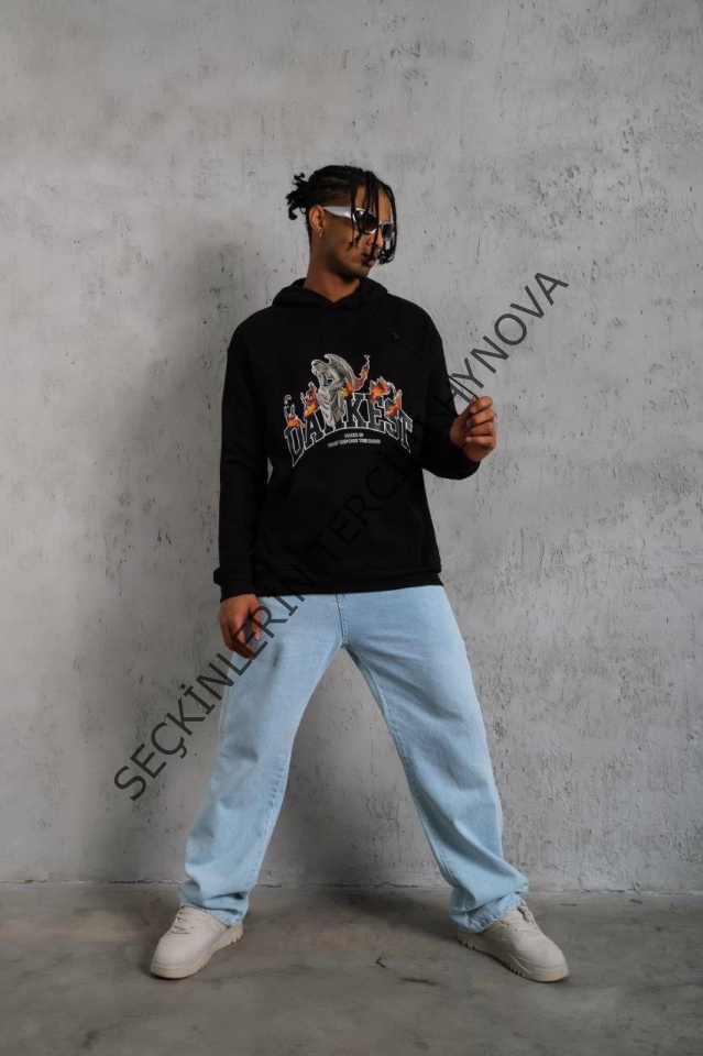 Erkek Oversize Kapüşonlu Sweatshirt – Siyah Renk Üç İplik İçi Pamuklu Kanguru Cepli Baskılı Hoodie Rahat Kalıp Kışlık Günlük Kombinlere Uygun - Siyah