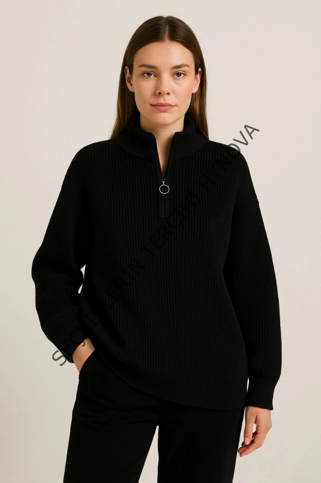 KADIN Yarım Fermuarlı Triko Kazak – Selanik Örgü, Dik Yaka, Pamuklu Dokuma, Oversize Uzun Kollu Kışlık Model - Siyah