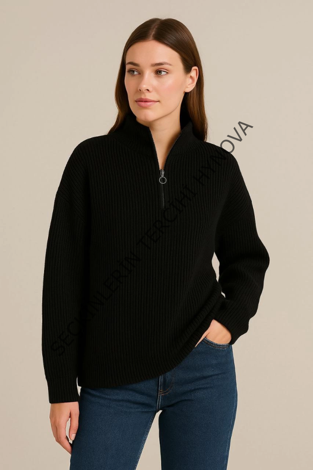 KADIN Yarım Fermuarlı Triko Kazak – Selanik Örgü, Dik Yaka, Pamuklu Dokuma, Oversize Uzun Kollu Kışlık Model - Siyah