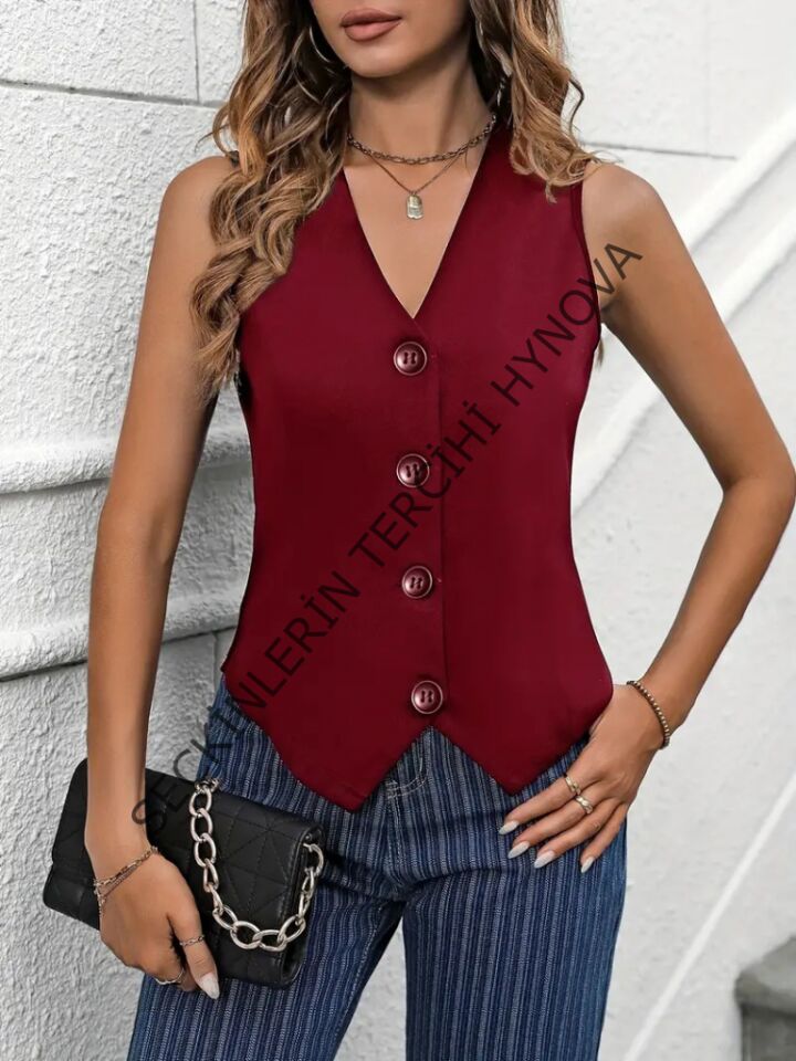 Kadın Sıfır Kollu V Yakalı önden Düğmeli Atlas Yelek