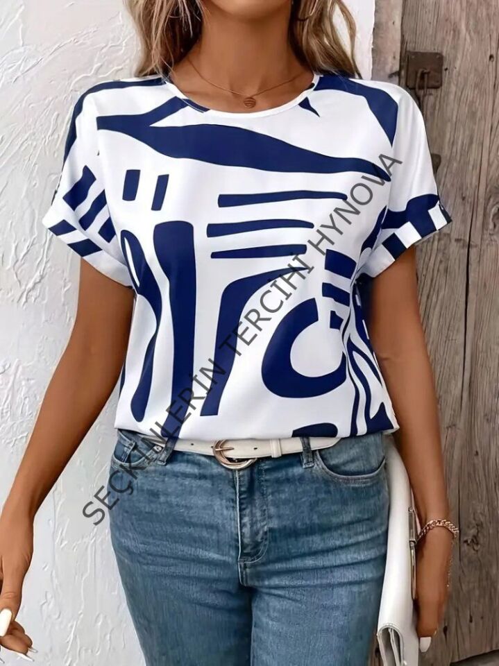 Kadın Kısa Kollu Yuvarlak Yaka Desenli Süprem Bluz