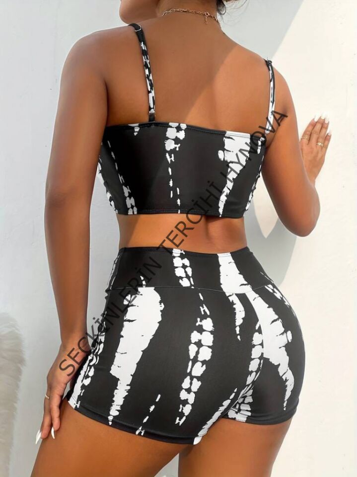 Kadın Büzgü Detay Askılı Crop Mini Tayt Ikili Takım