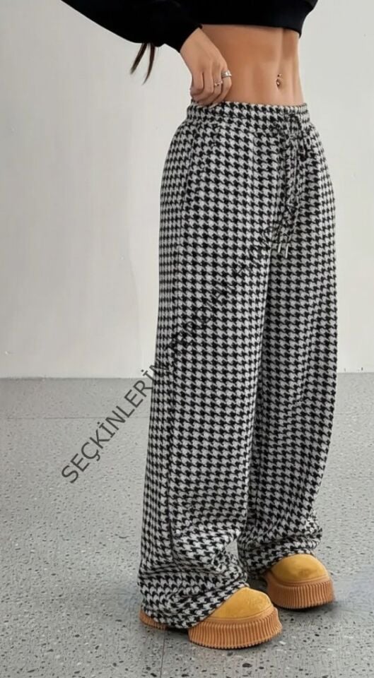 Kadın Yüksek Bel Lastikli Bağcıklı Geniş Kesim Kazayağı Dalgıç Pantolon