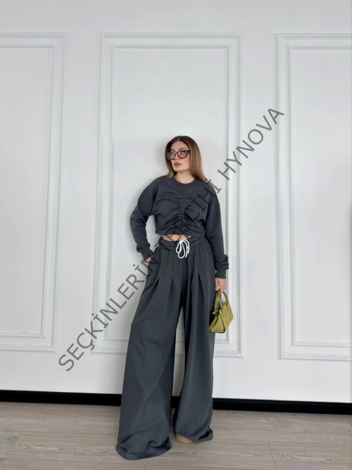 Uzun Kollu Önü İp Büzgülü Crop Ve Pantolon İkili Takım - Antrasit