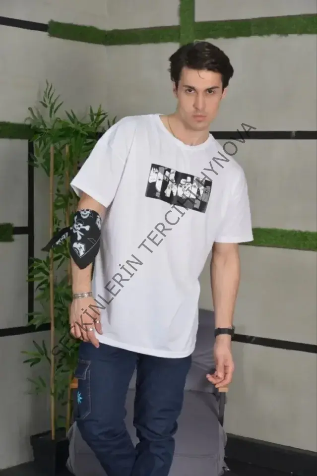 Unisex Bisiklet Yaka Baskılı Oversize T-Shirt - Beyaz