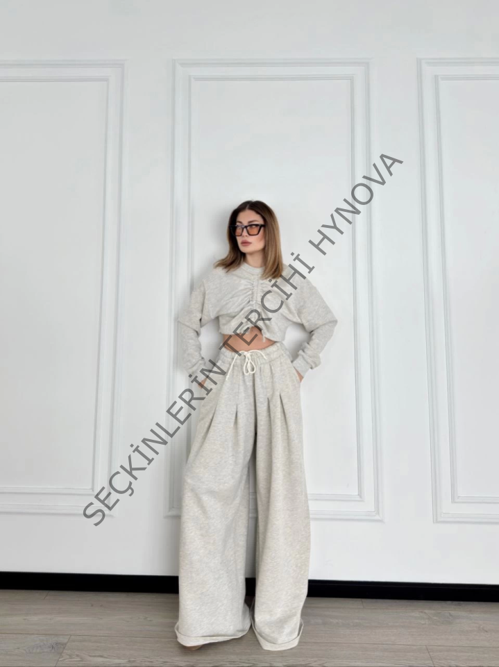 Uzun Kollu Önü İp Büzgülü  Crop Ve Pantolon İkili Takım - Gri