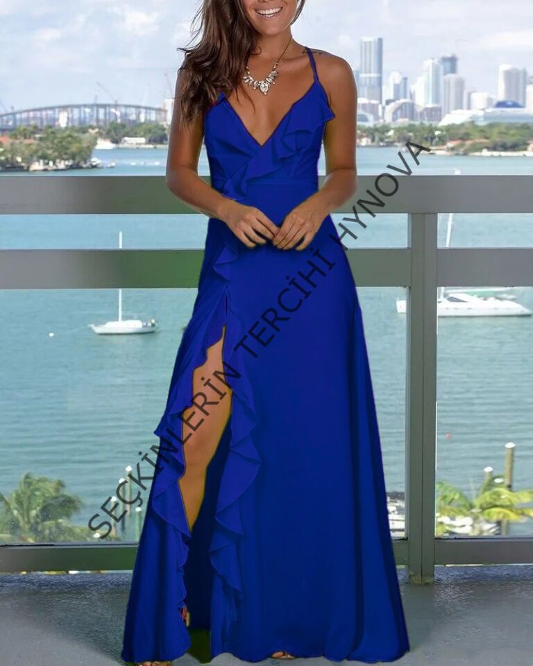 Kadın Ip Askılı Dekolteli Yırtmaç Detay Krep Elbise