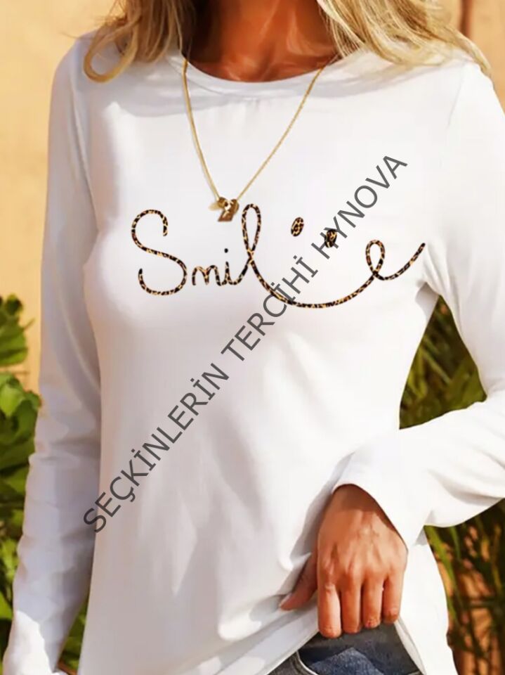 Kadın Uzun Kollu Bisiklet Yaka Gülümseyen Surat Desenli Viskon Bluz