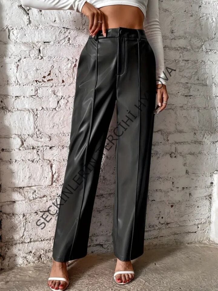 Kadın önden Fermuarlı Cepli Geniş Kesim Lame Deri Pantolon