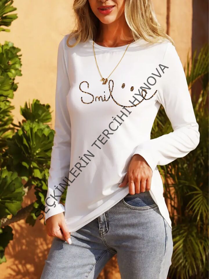 Kadın Uzun Kollu Bisiklet Yaka Gülümseyen Surat Desenli Viskon Bluz