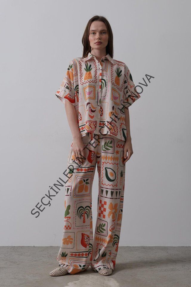 Baskılı Kısa Kol Pantolon Takım - Taş-Oranj