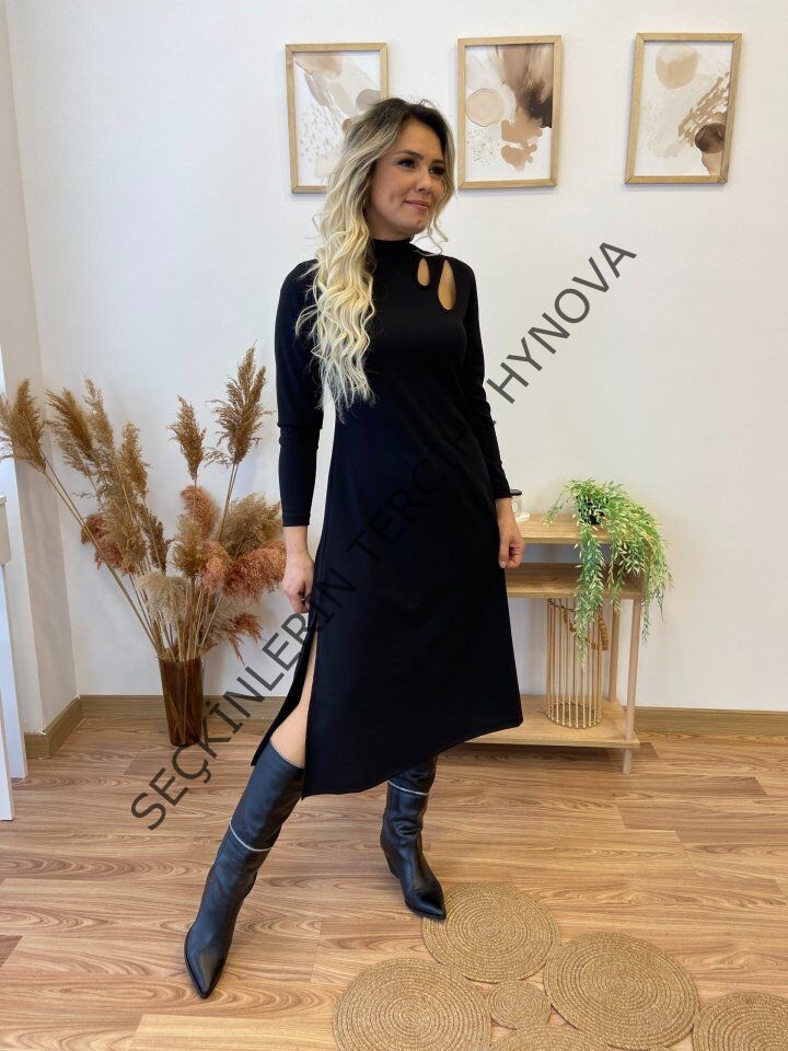 Kadın Uzun Kollu Balıkçı Yaka Omuzda Damla Detaylı Yırtmaçlı Krep Midi Elbise