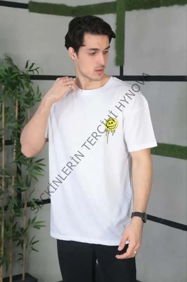 Unisex Bisiklet Yaka Baskılı Oversize T-Shirt - Beyaz