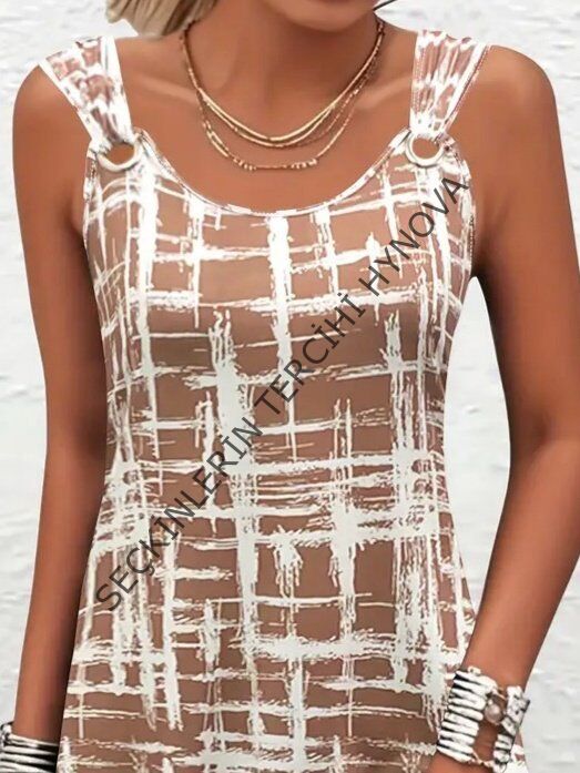 Kadın Askılı Kuş Gözü Detaylı Desenli Süprem Elbise