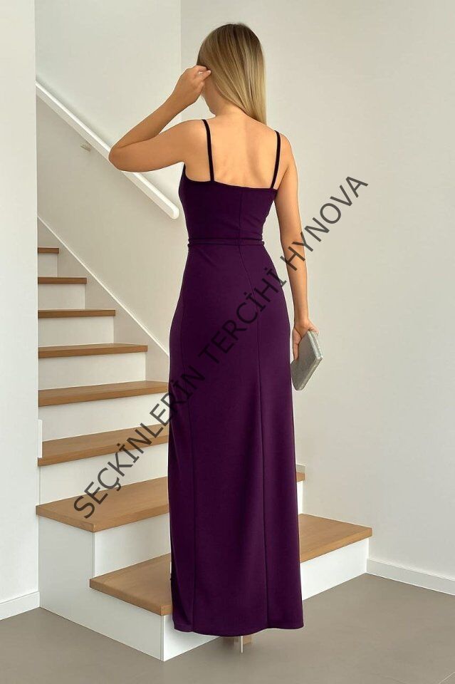 Kadın Dalgıç Kumaş V Yaka Yırtmaç Detaylı Maxi Boy Elbise